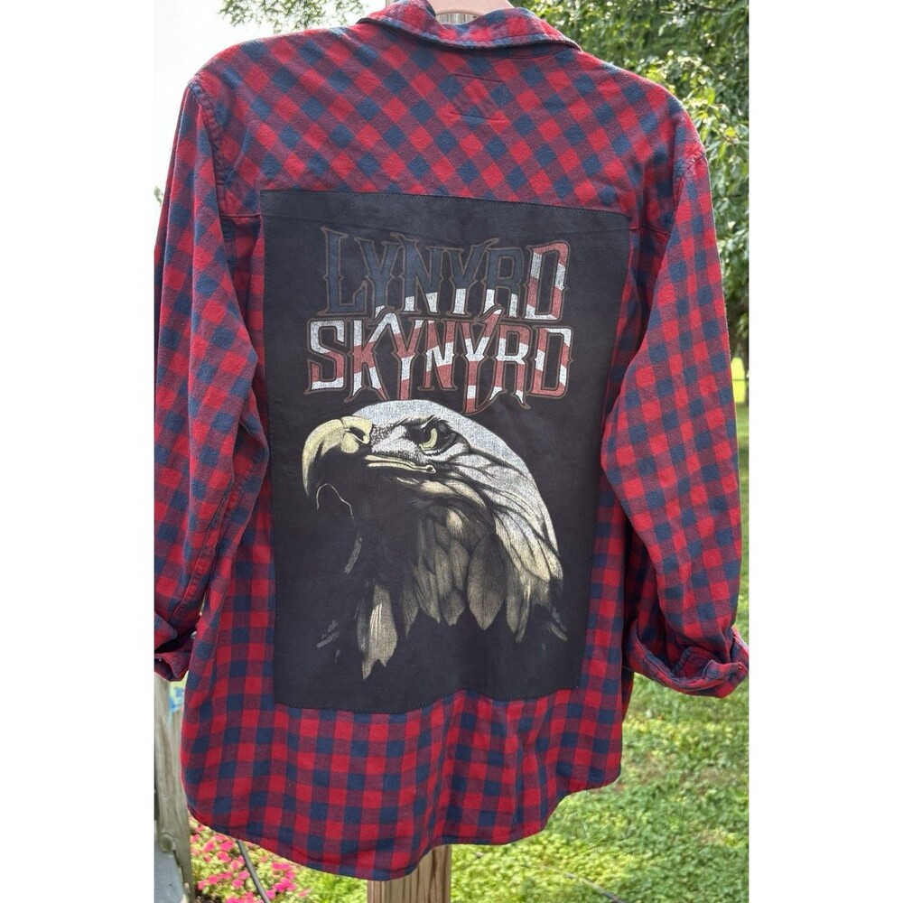 Lynyrd Skynyrd Upcycled Southern Rock Plaid Snap Up Flannel Shirt Men’s Size XL